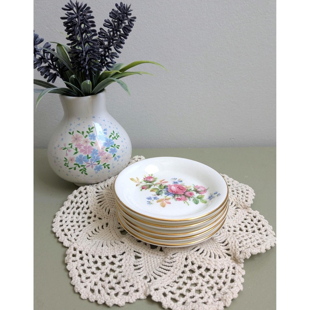 Set of 5 Royal Albert Moss Rose Bone China Butter Pats Trinket Dishes England